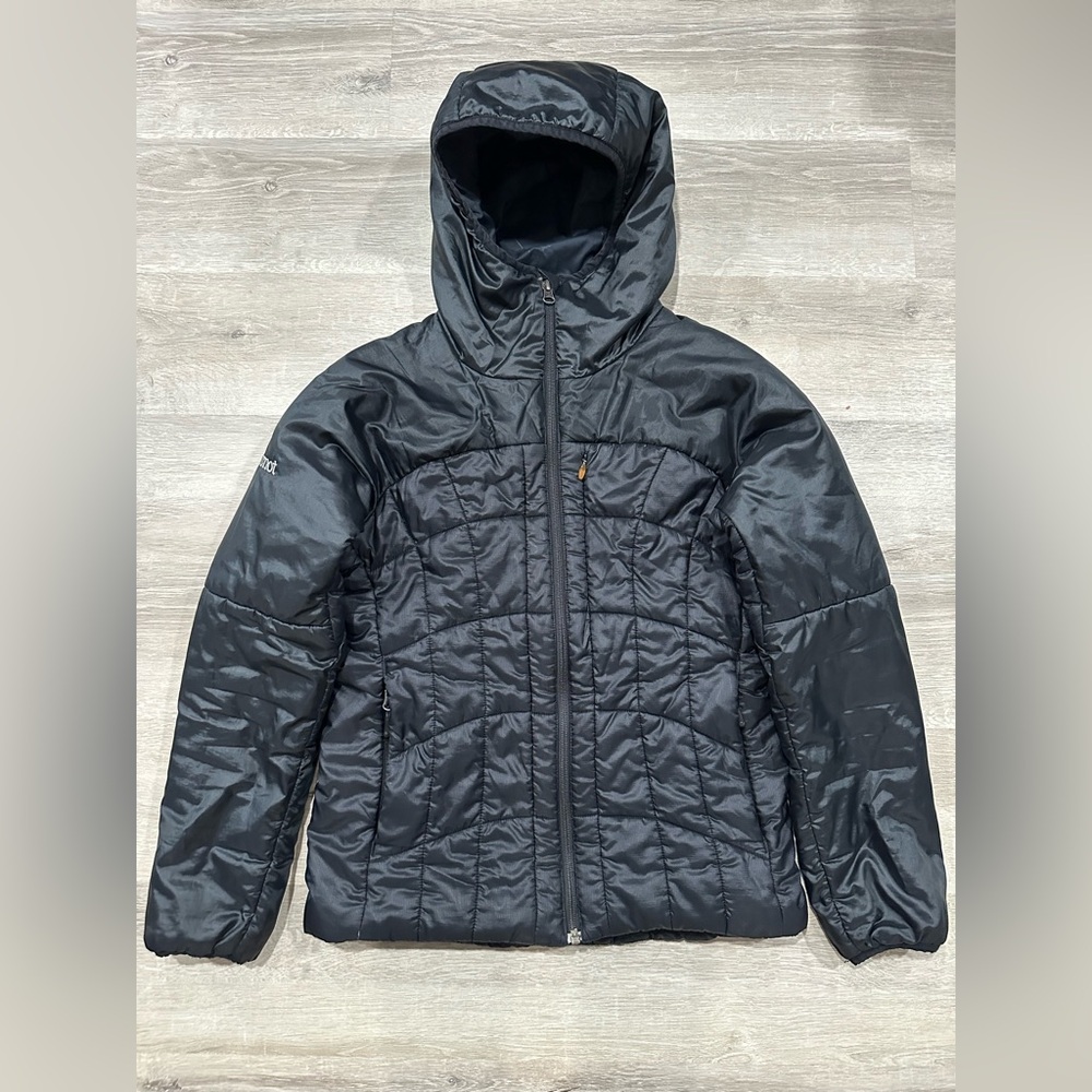 I256 Marmot Hooded Puffer Jacket Black Womens S Small